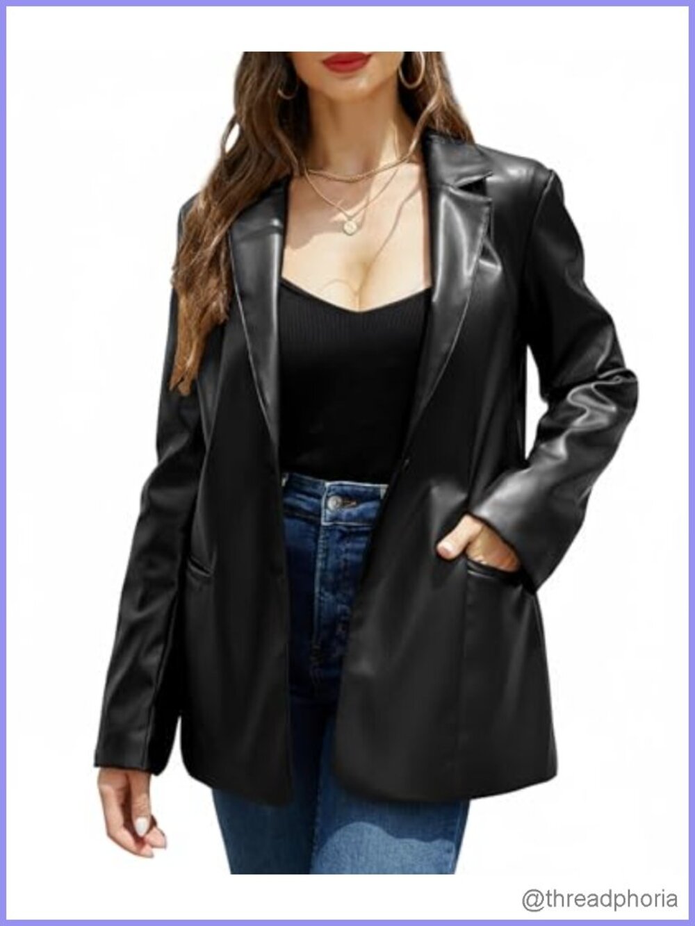 Faux Leather Blazer Jacket, Notched Lapel Button Closure